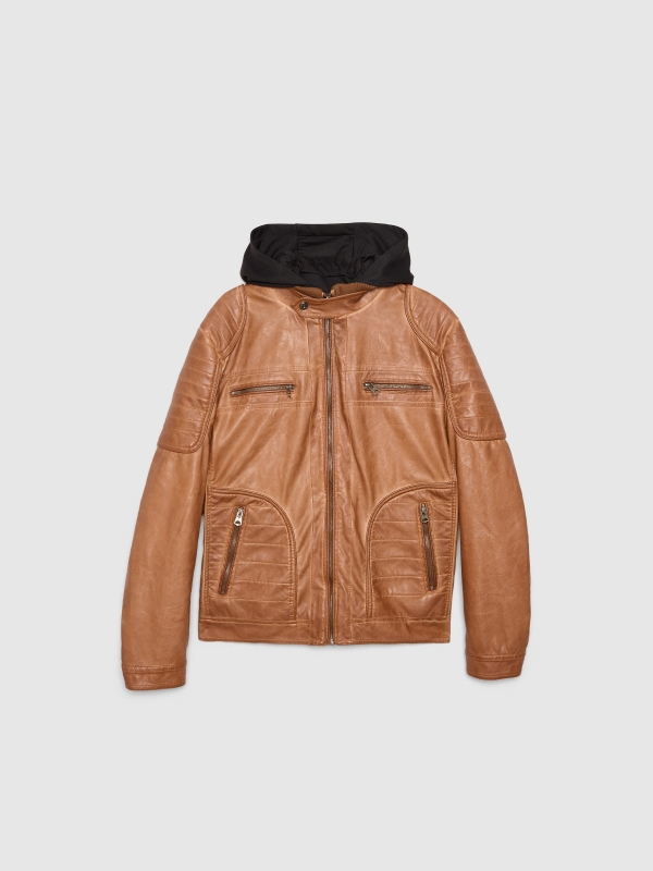  Brown leather effect jacket beige front view