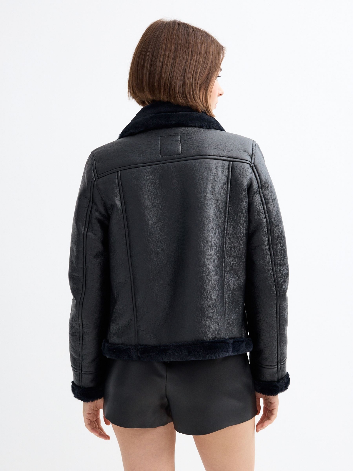 Leatherette jacket with fur black middle back view