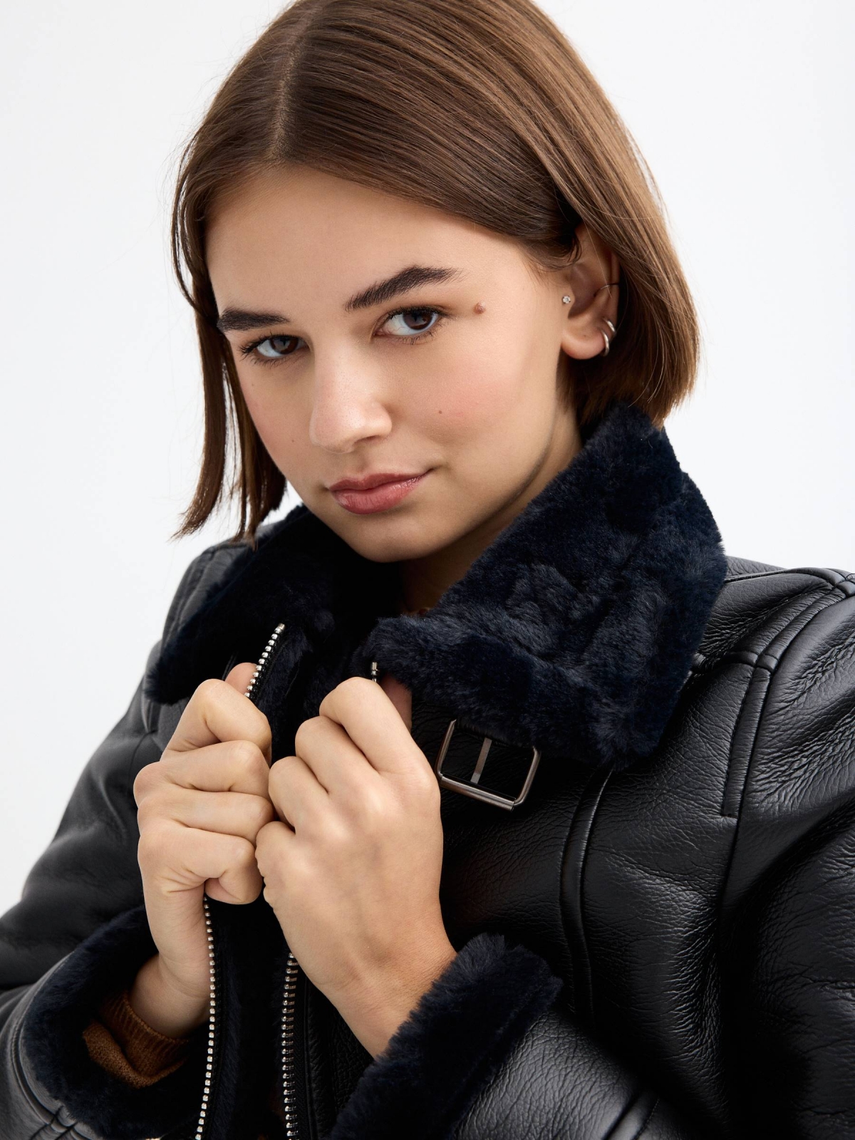 Leatherette jacket with fur black detail view