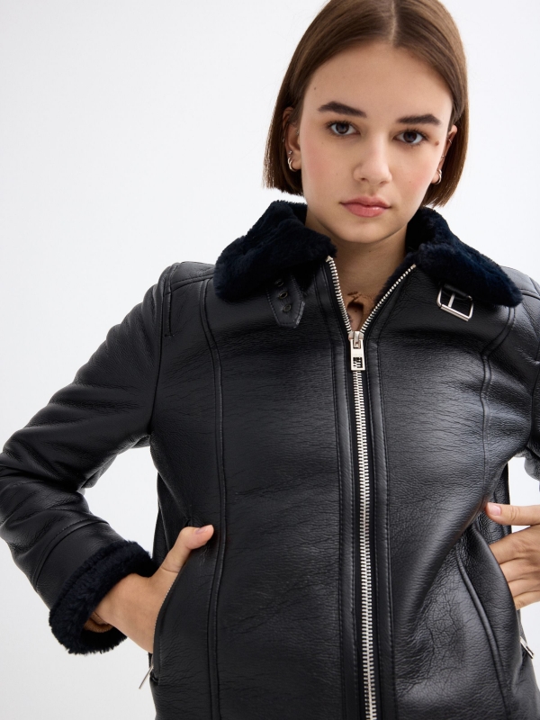 Leatherette jacket with fur black detail view