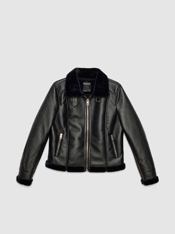  Leatherette jacket with fur black front view