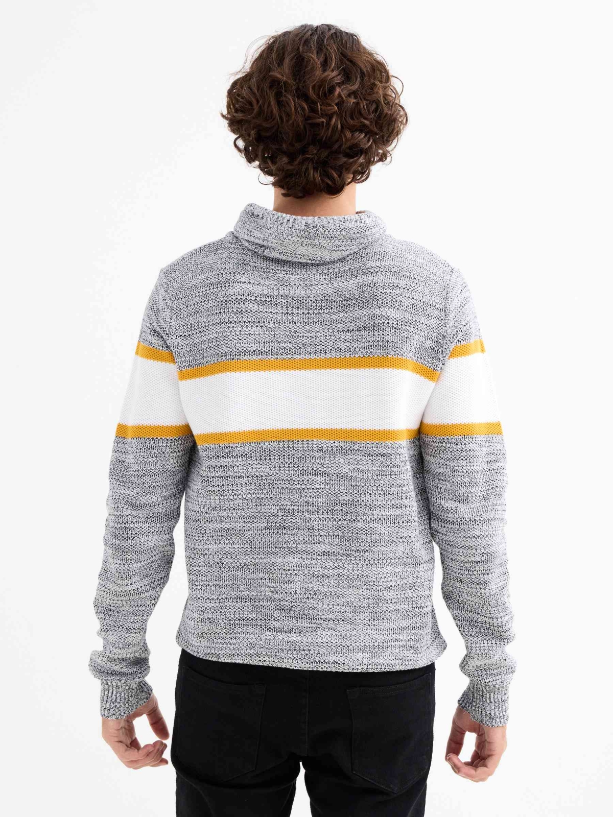 Striped sweater with hood light grey middle back view