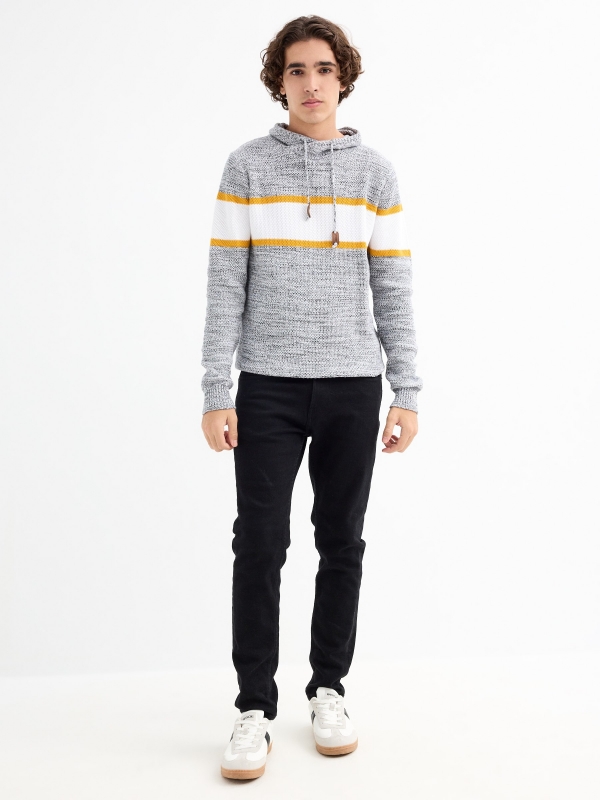 Striped sweater with hood light grey general front view