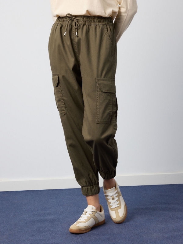 High rise cargo jogger pants khaki middle front view