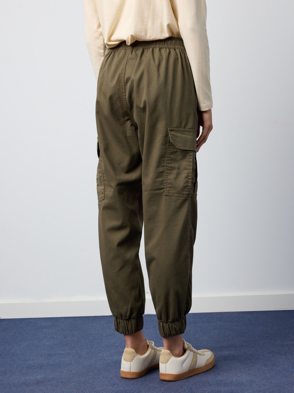 High rise cargo jogger pants khaki middle back view