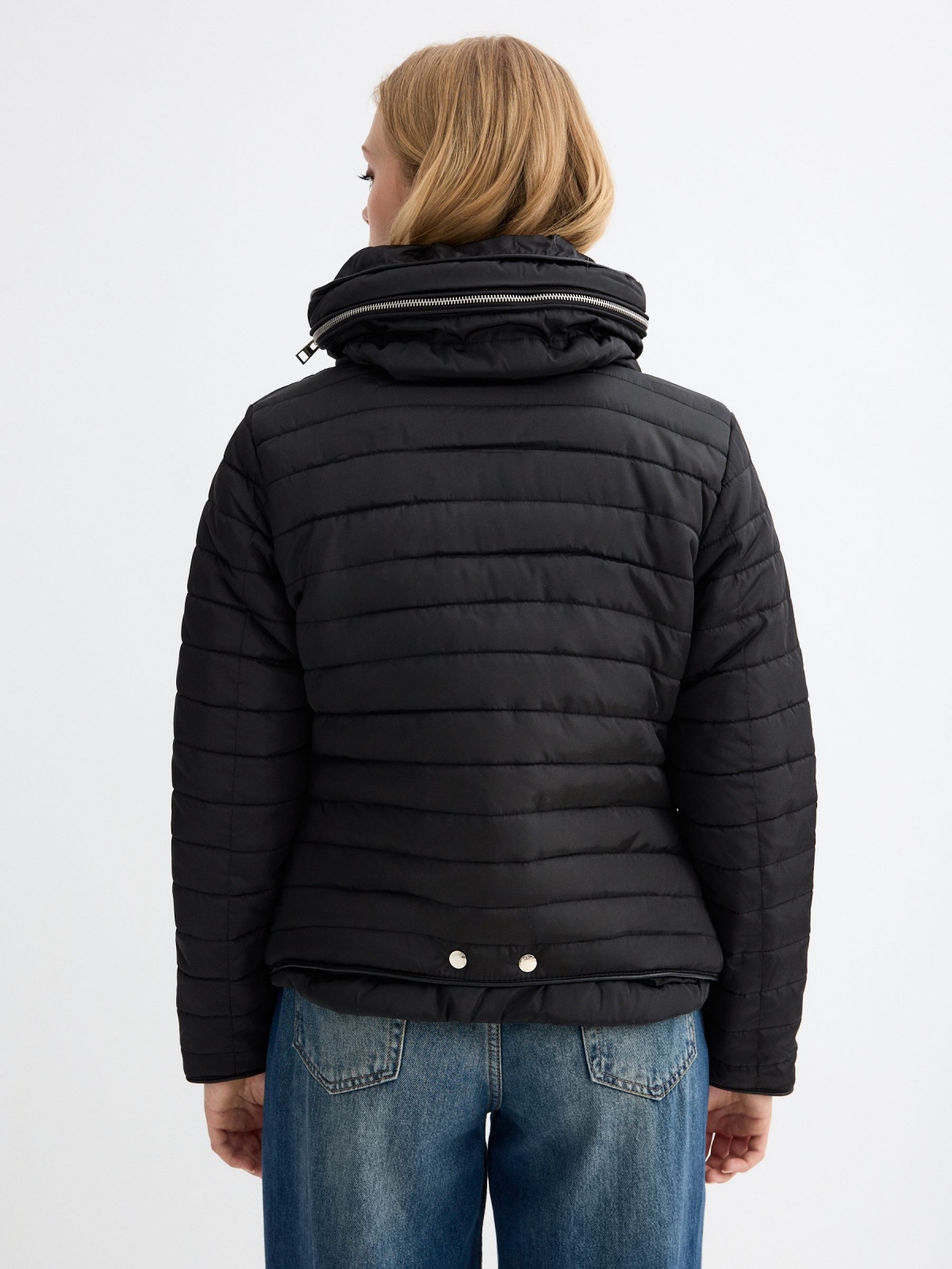 Quilted coat with hood black middle back view