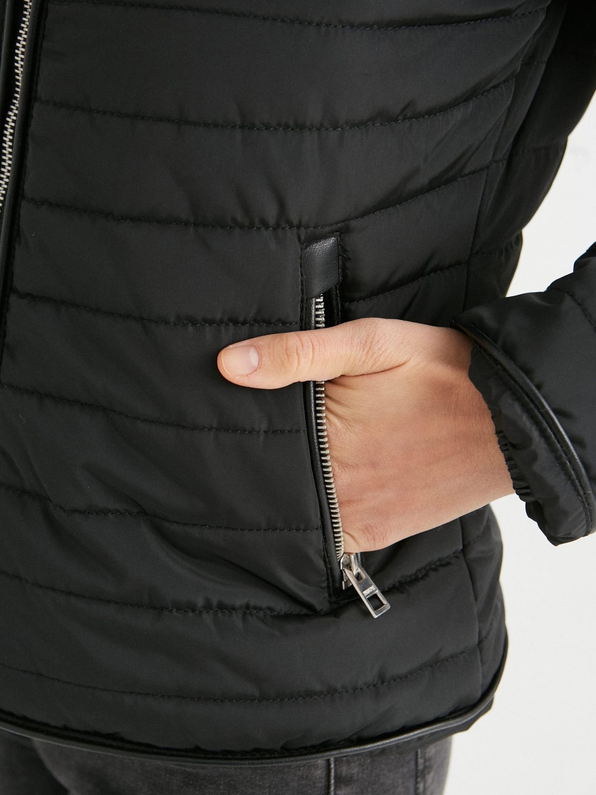 Quilted coat with hood black detail view