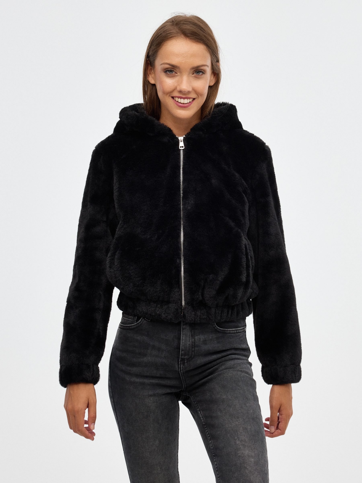 Pink fur effect jacket black middle front view