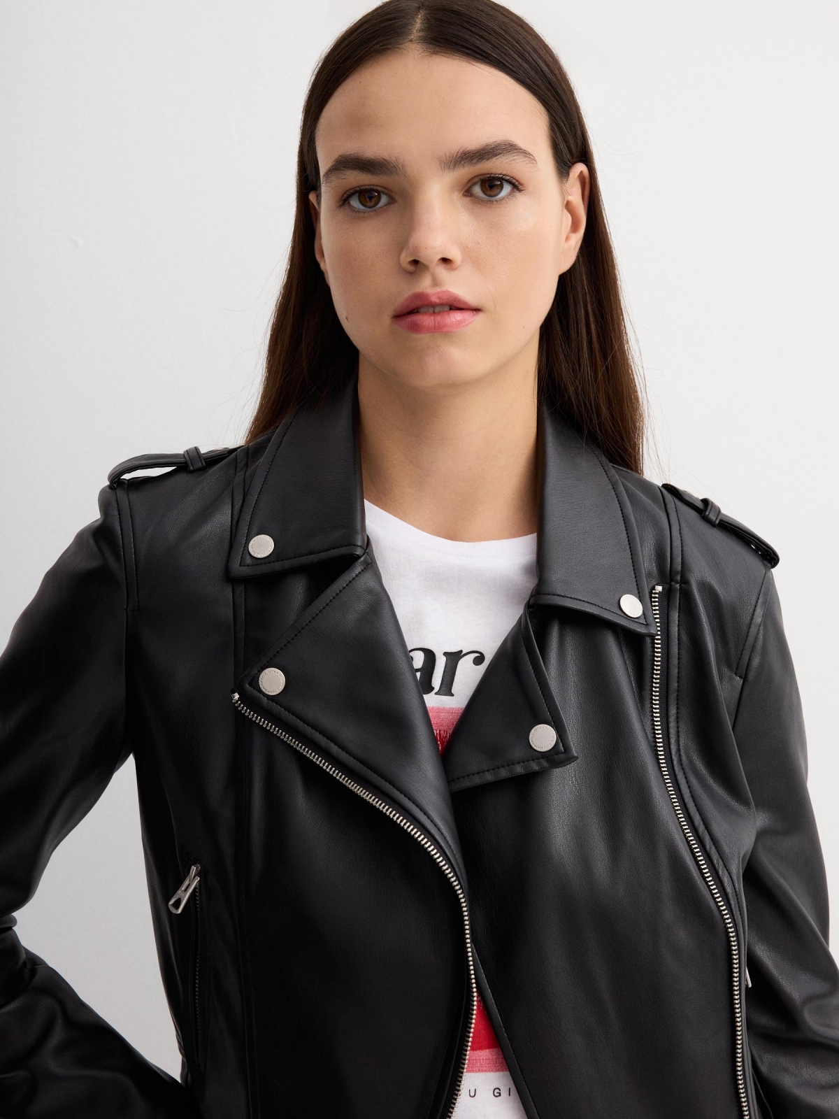 Biker jacket with lapel black detail view