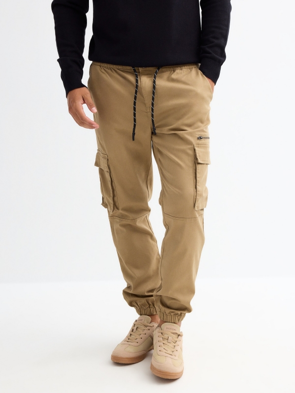 Multipocket jogger pants beige middle front view