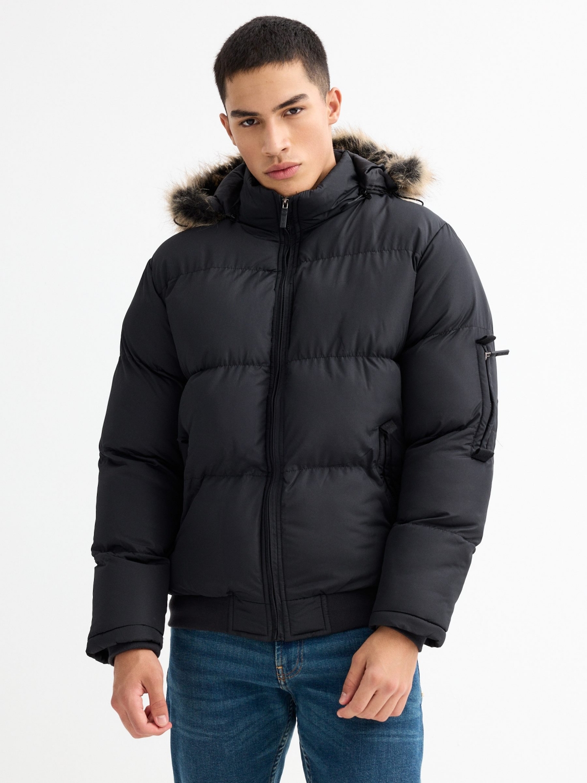 Quilted coat with fur hood black detail view