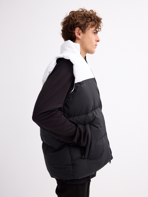 White block color quilted vest black detail view