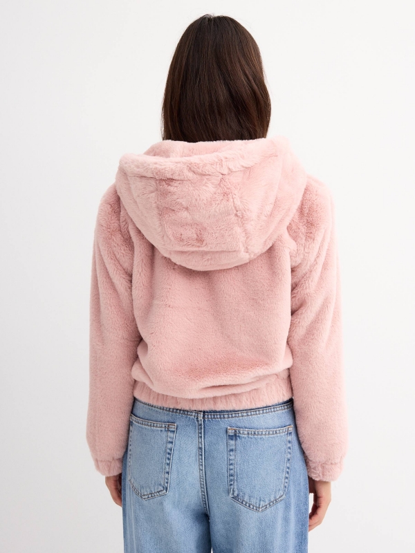 Pink fur effect jacket pink middle back view