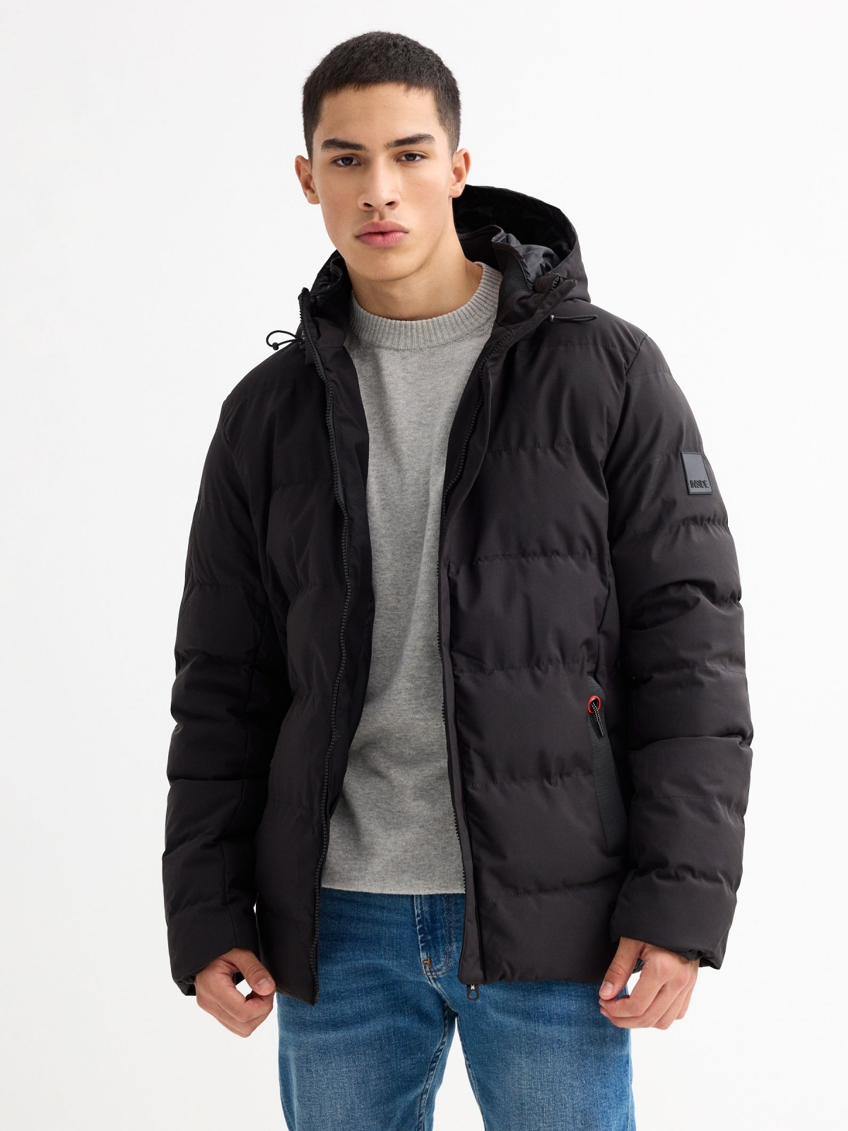 Black padded jacket black middle front view