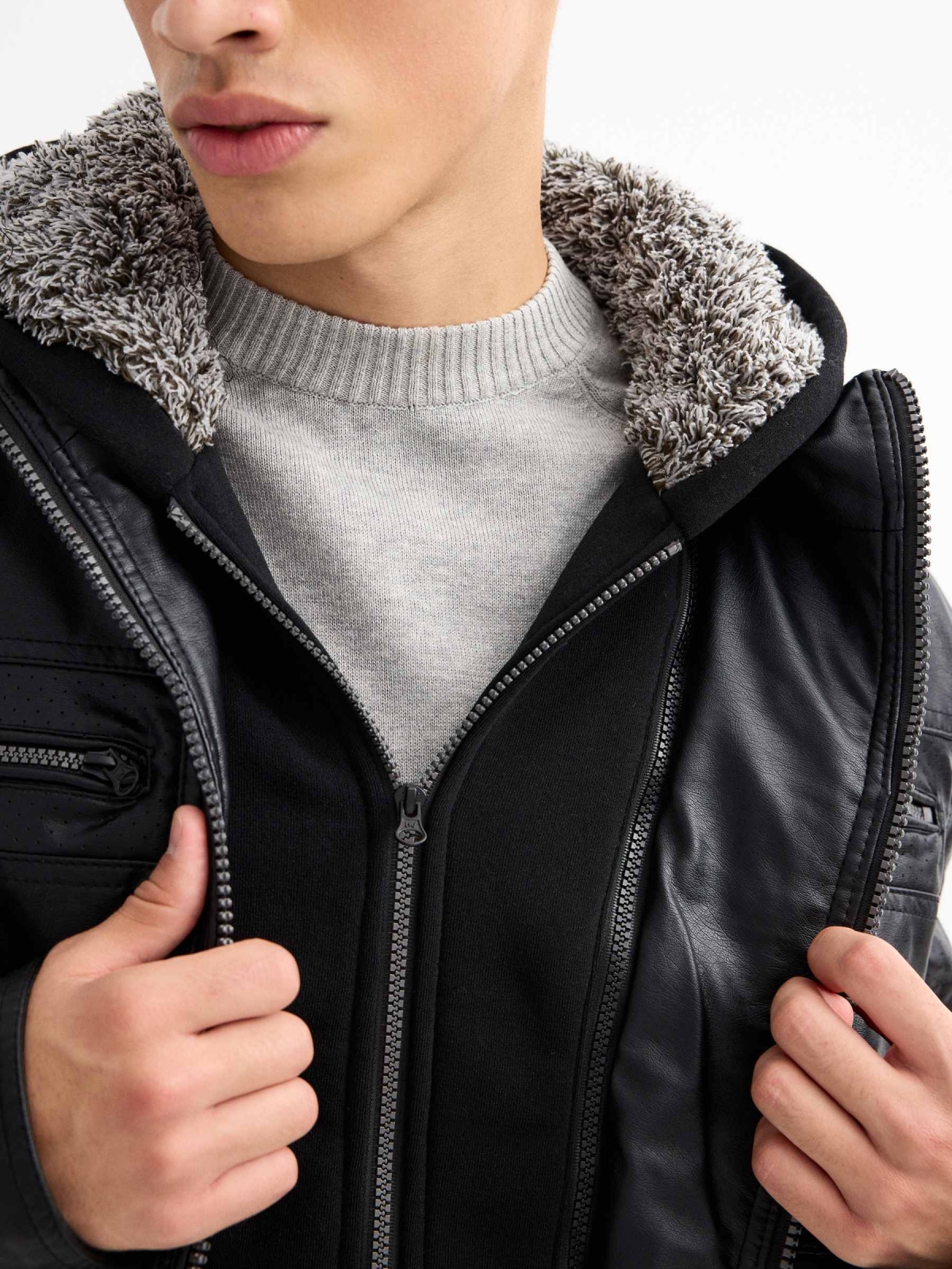 Hooded fur effect jacket with sheepskin hood black detail view