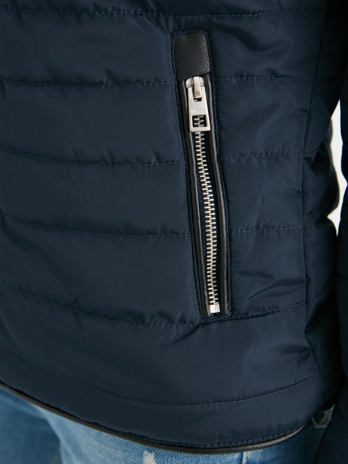 Quilted coat with hood blue detail view