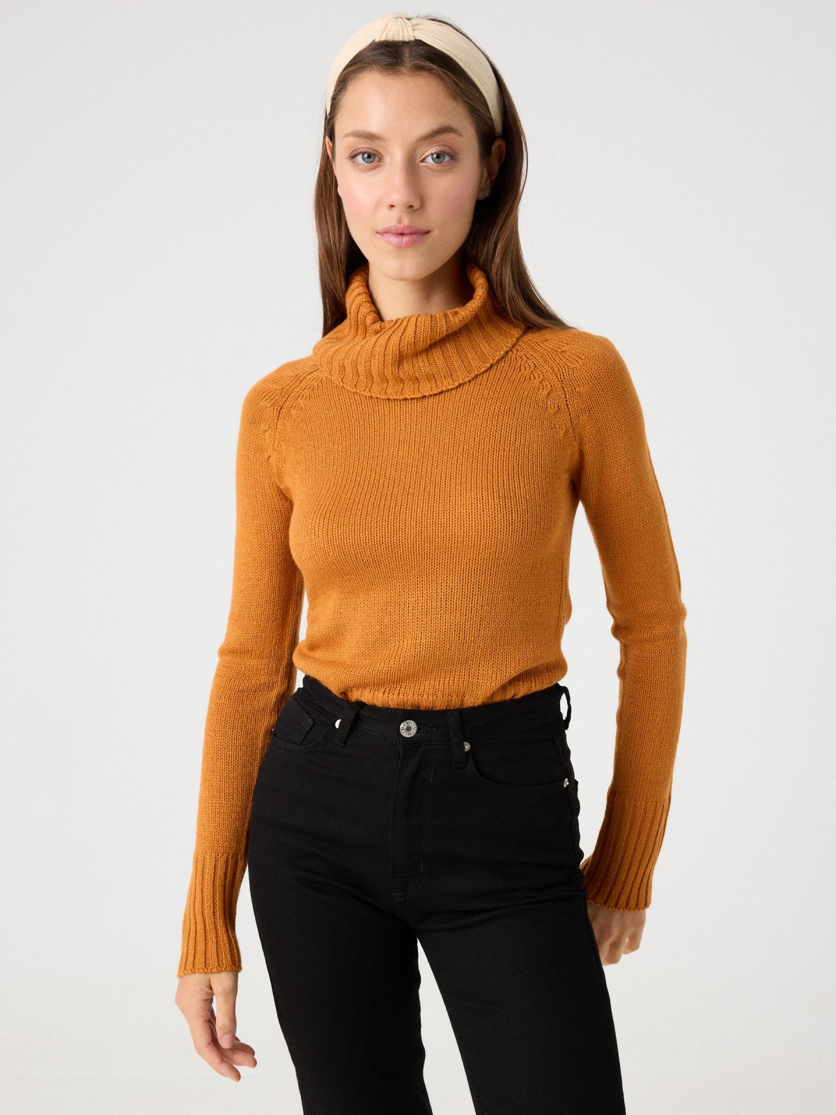 knit turtleneck sweater ochre middle front view