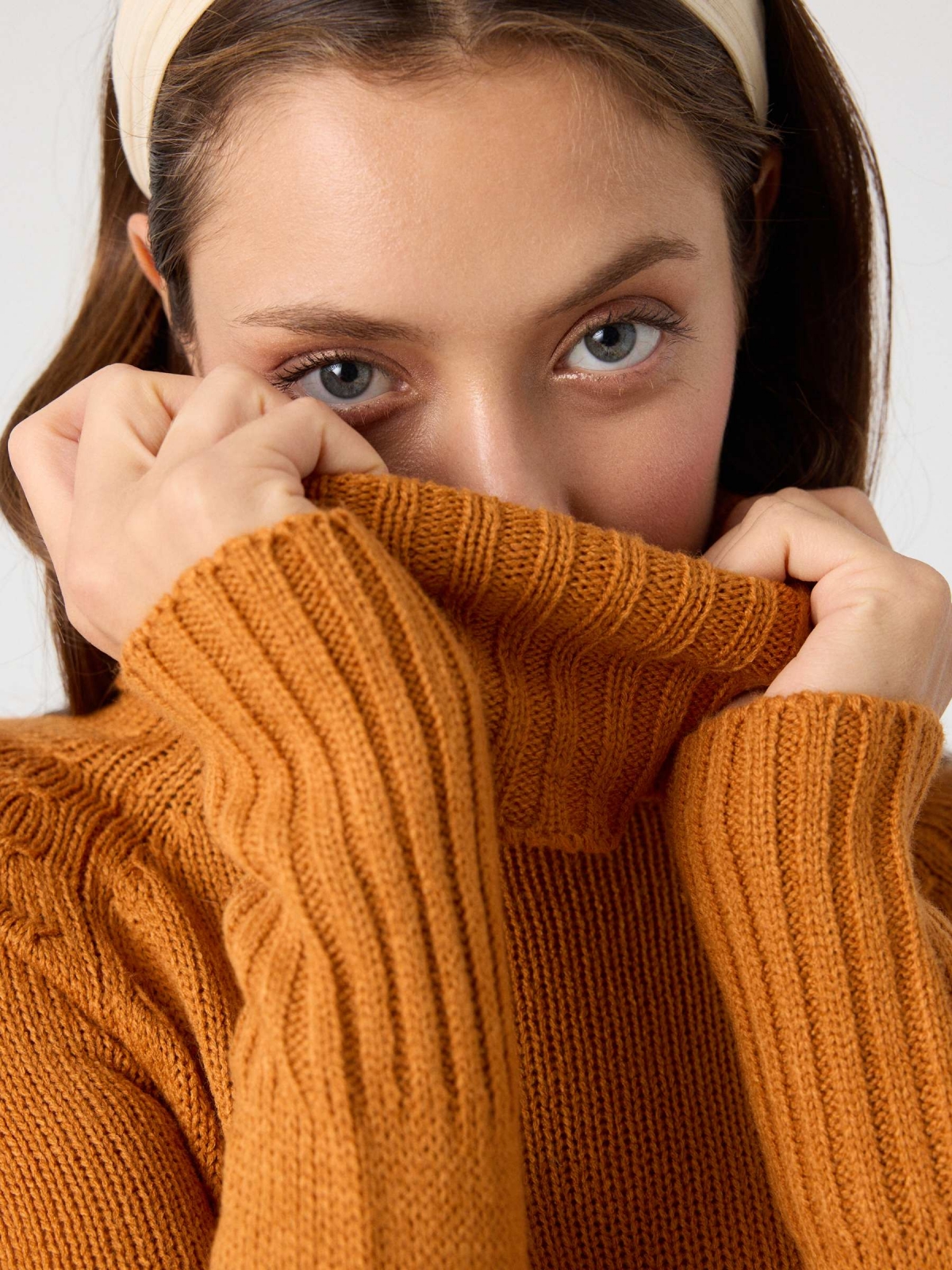 knit turtleneck sweater ochre foreground