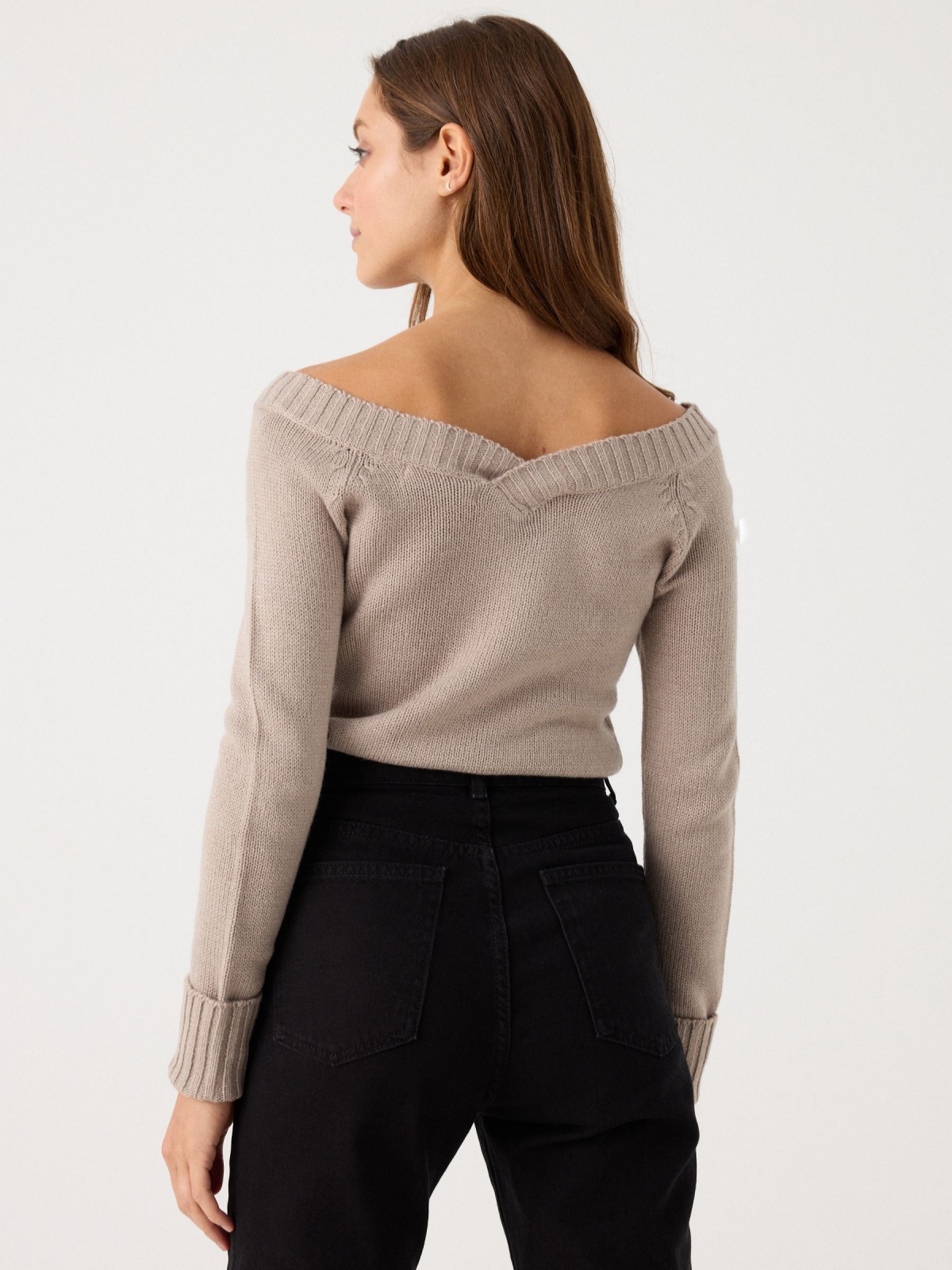 V-neck marbled sweater sand middle back view