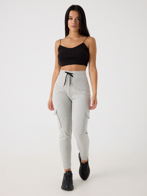 Black jogger pants with pockets melange grey front view