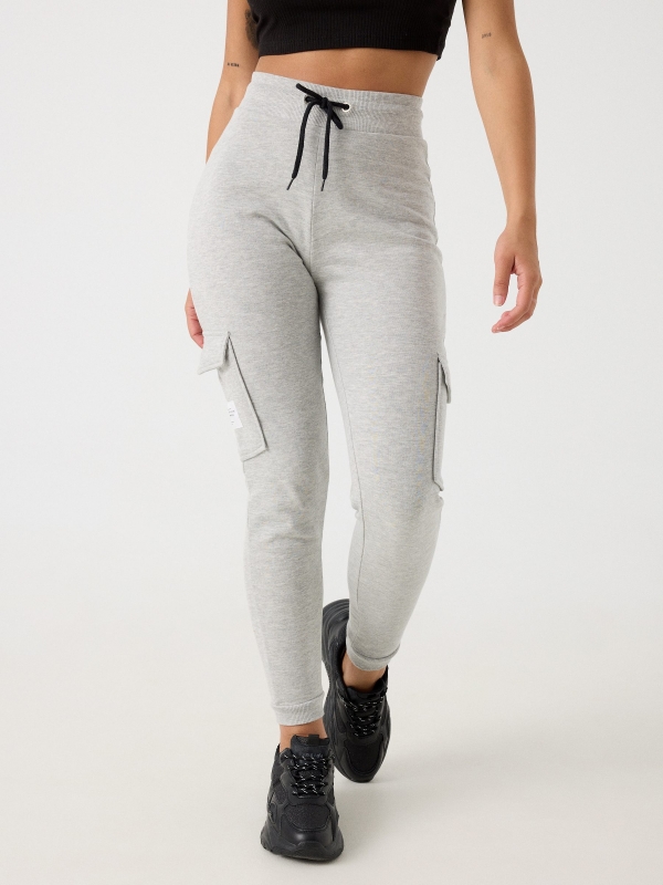 Black jogger pants with pockets melange grey middle front view