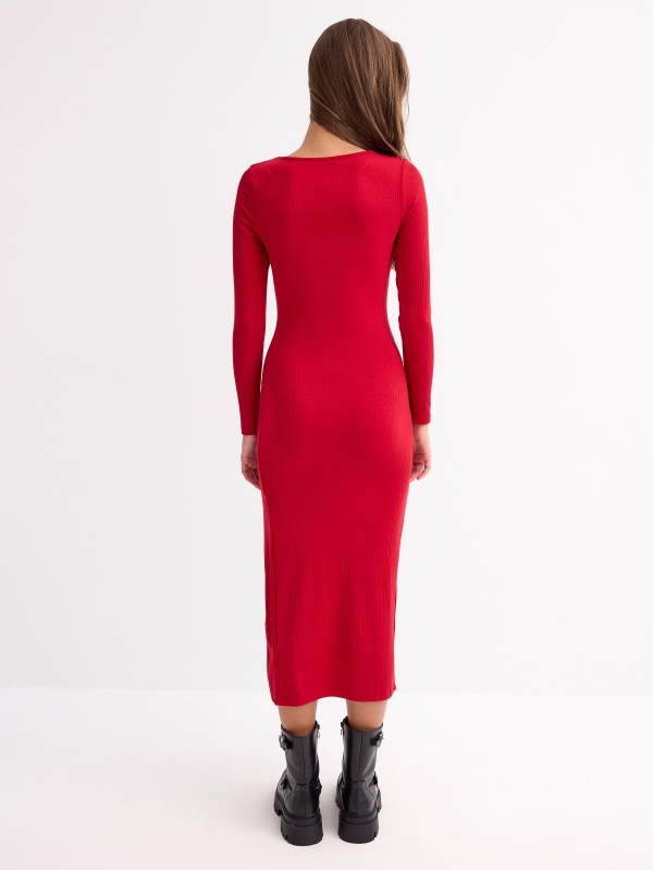 Midi dress with slit carmine three-quarter back view