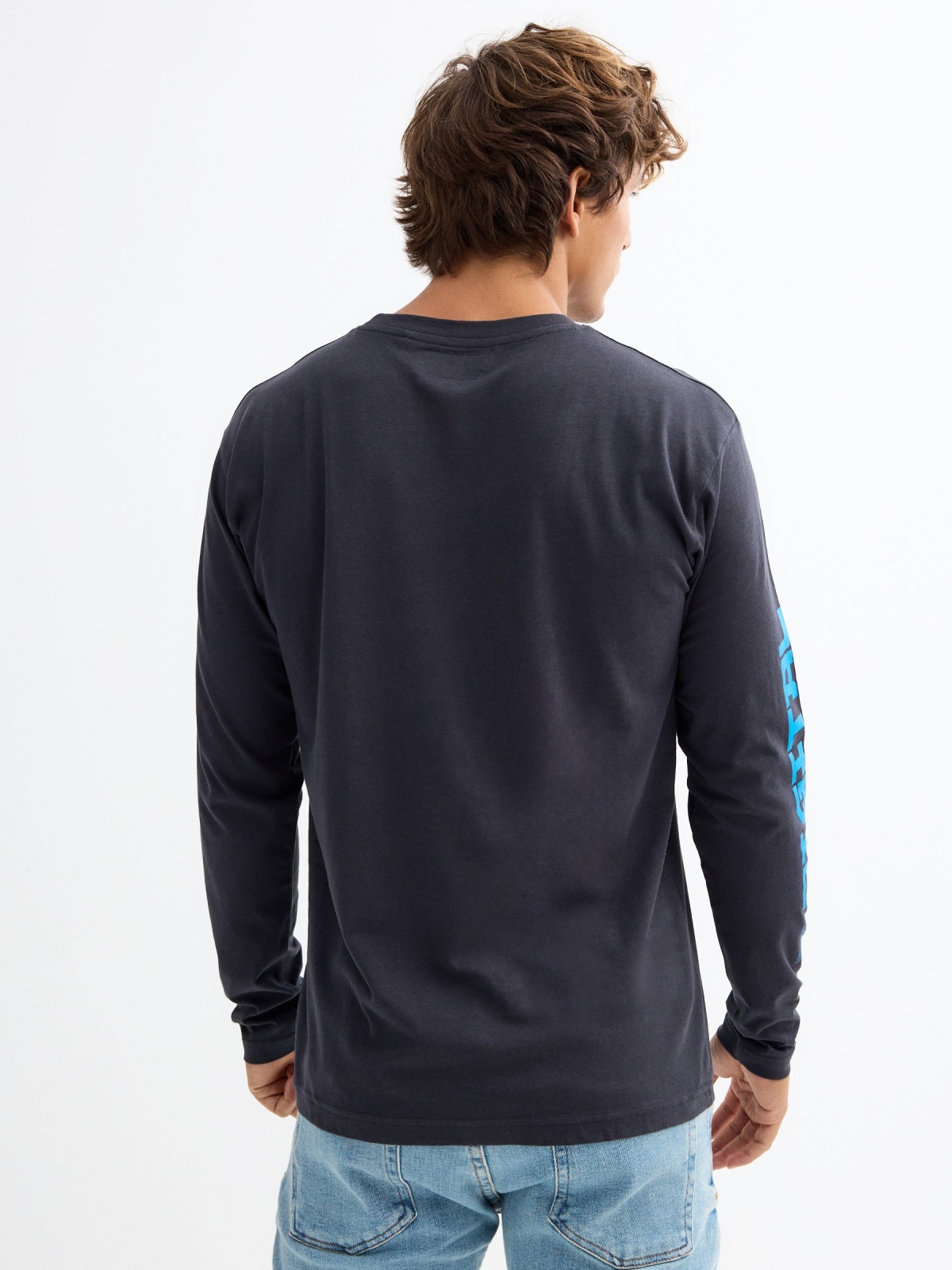 Long sleeve graphic print t-shirt dark grey middle back view