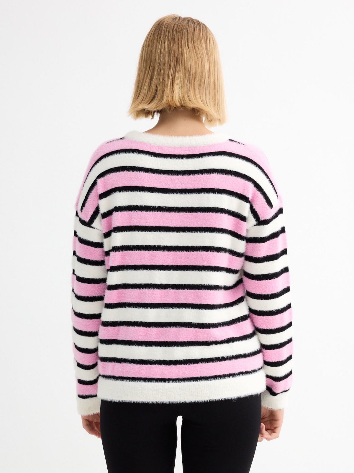 Striped printed fur effect sweater pink middle back view