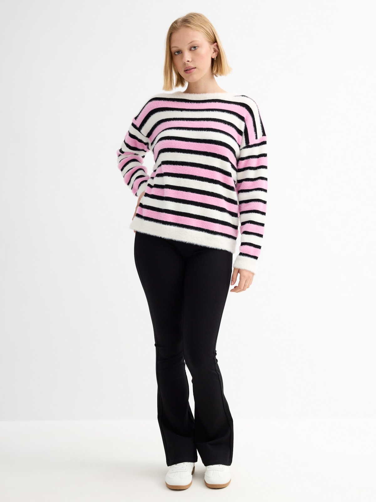 Striped printed fur effect sweater pink general front view