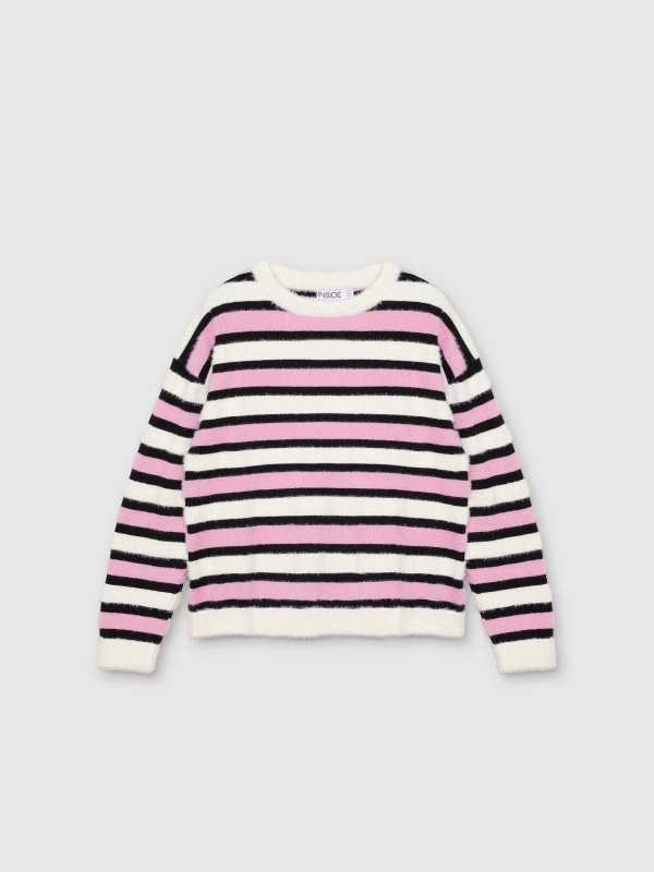  Striped printed fur effect sweater pink front view