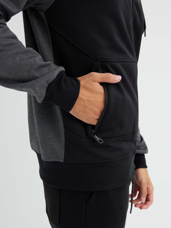 Long sleeve hooded sweatshirt block colour black detail view