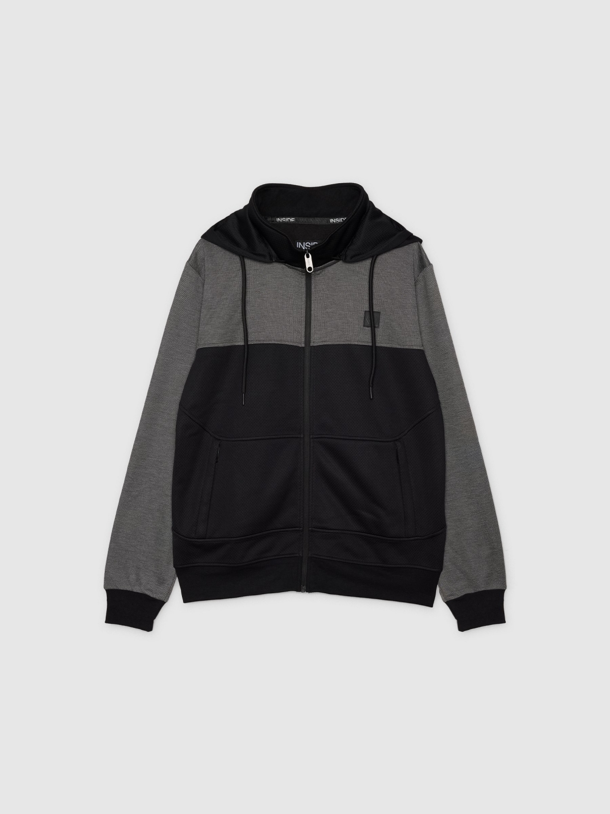 Long sleeve hooded sweatshirt block colour black detail view