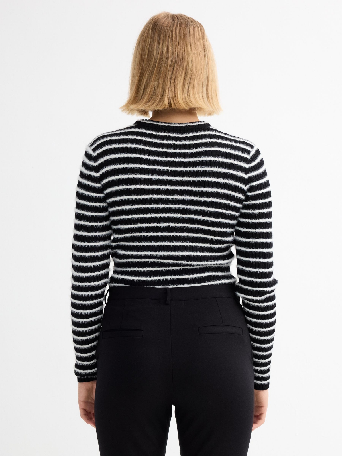 Striped printed fur effect crop sweater black middle back view