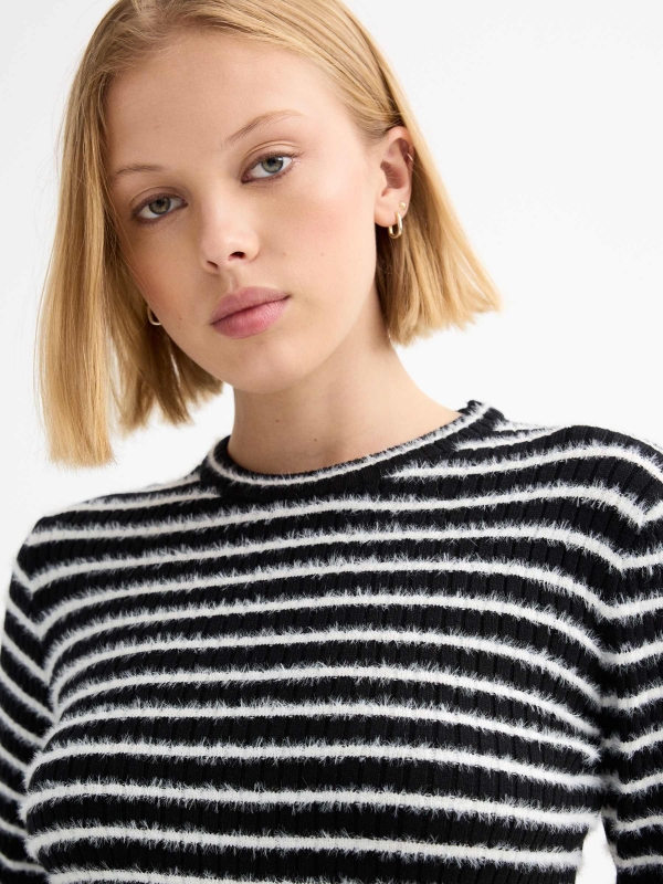 Striped printed fur effect crop sweater black detail view