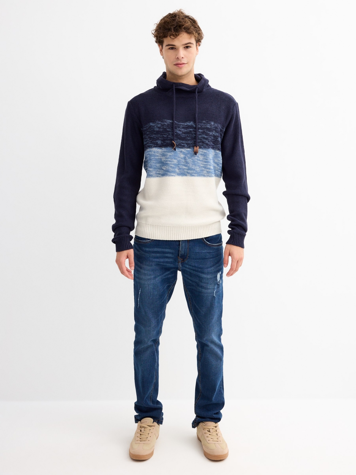 Blue mottled block turtleneck jumper navy general front view