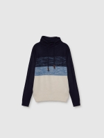 %Pto% Blue mottled block turtleneck jumper navy front view