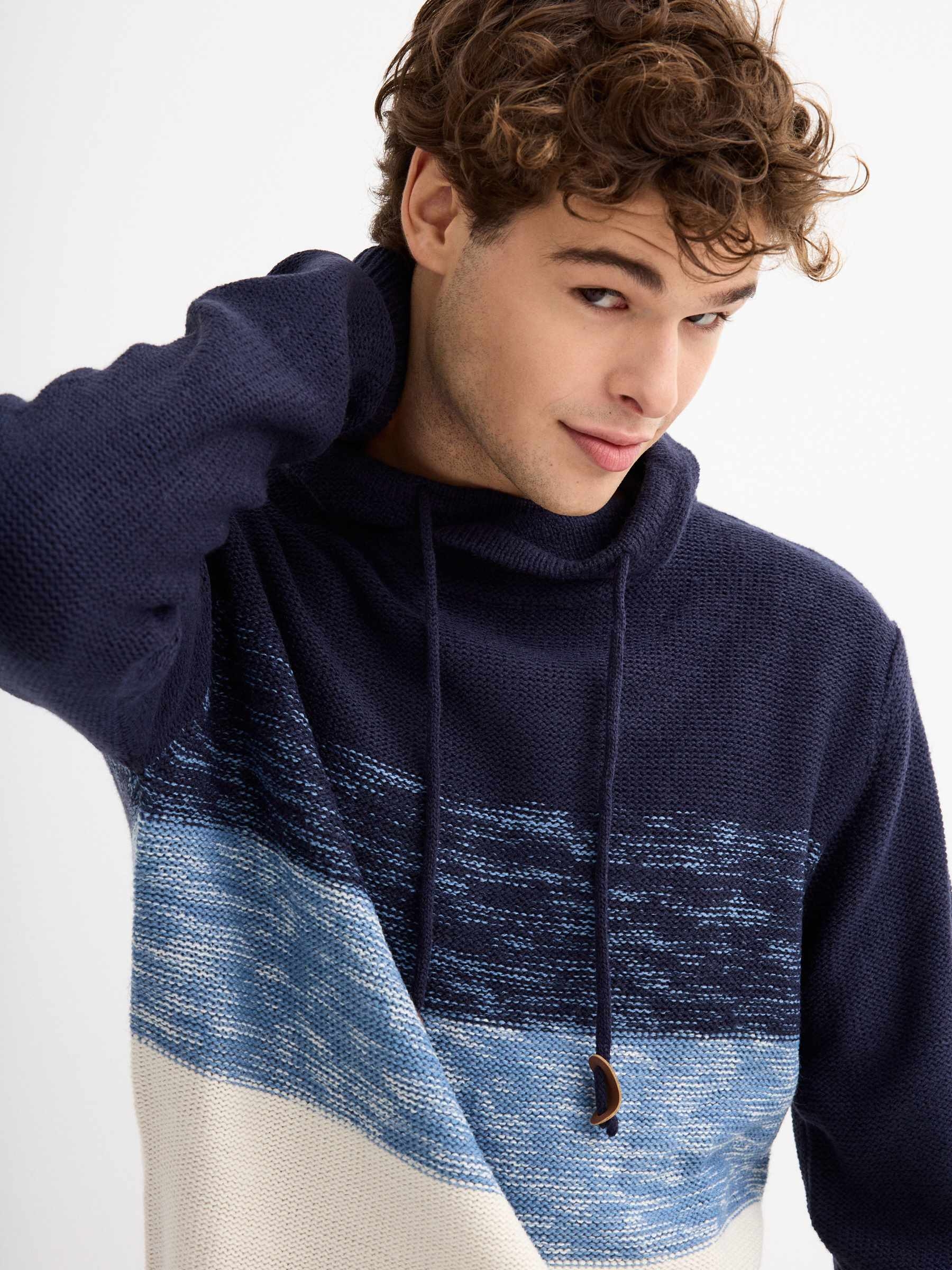 Blue mottled block turtleneck jumper navy middle front view