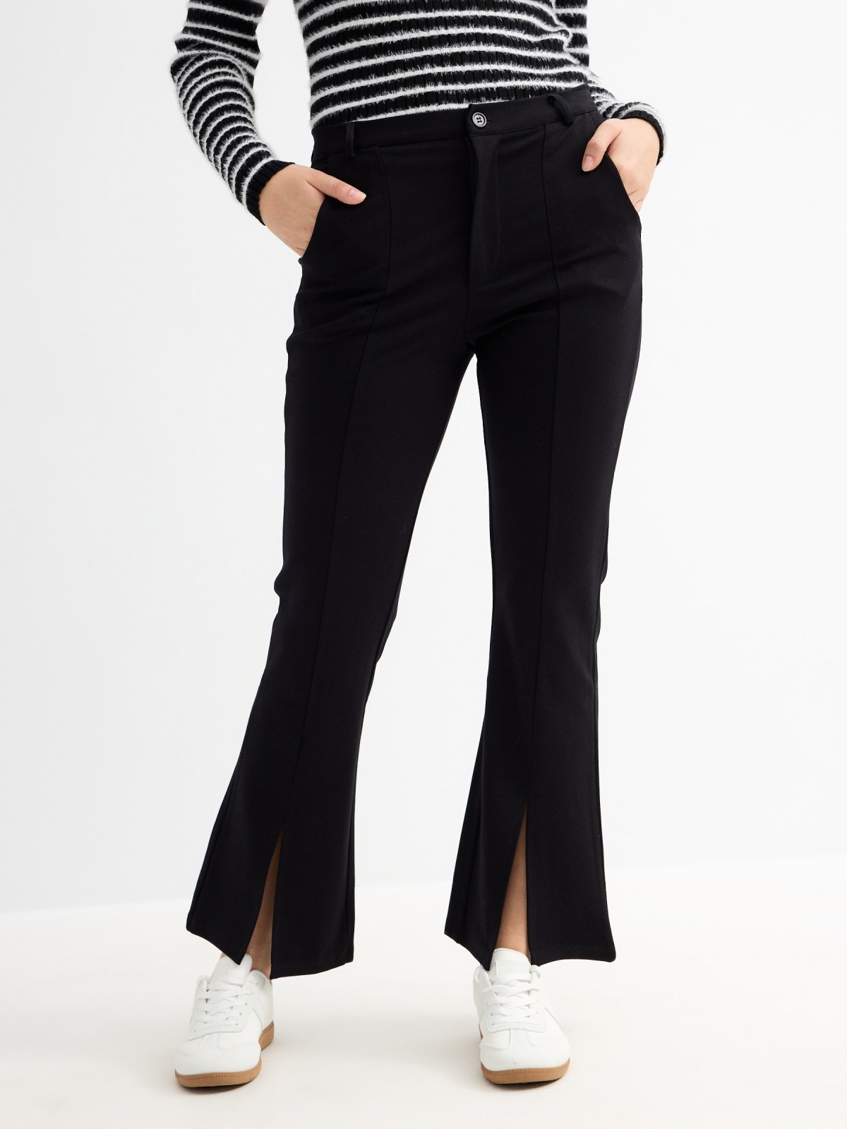 Flared dress pants with opening black middle front view