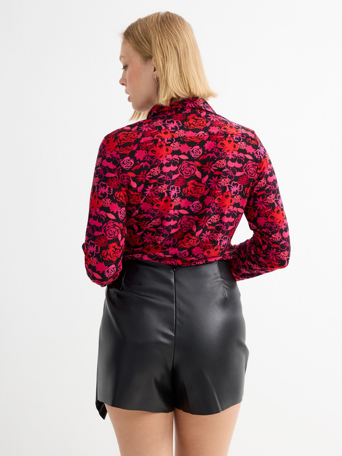 Long sleeve floral print shirt red middle back view