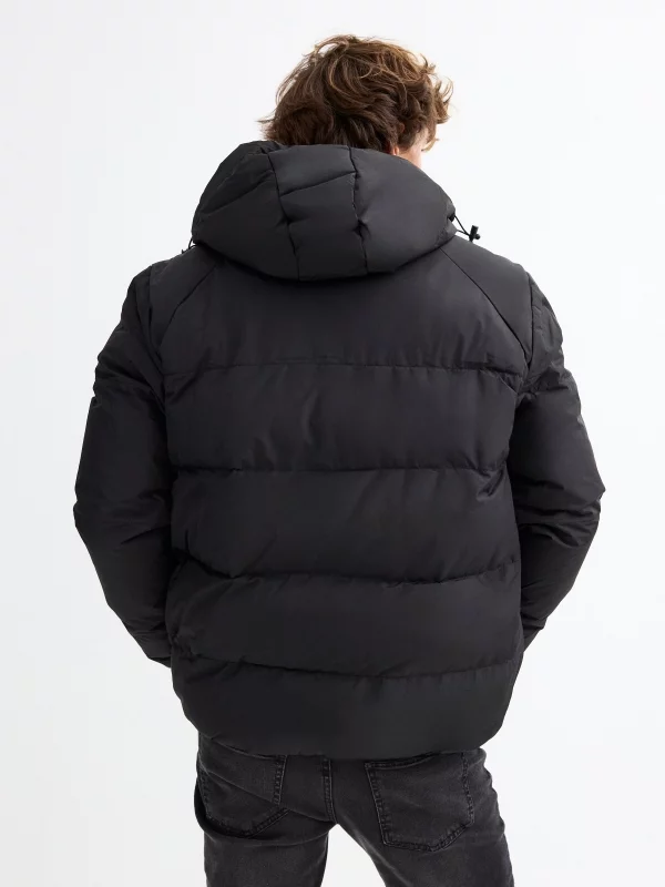 Black hooded quilted jacket with black hood black middle back view