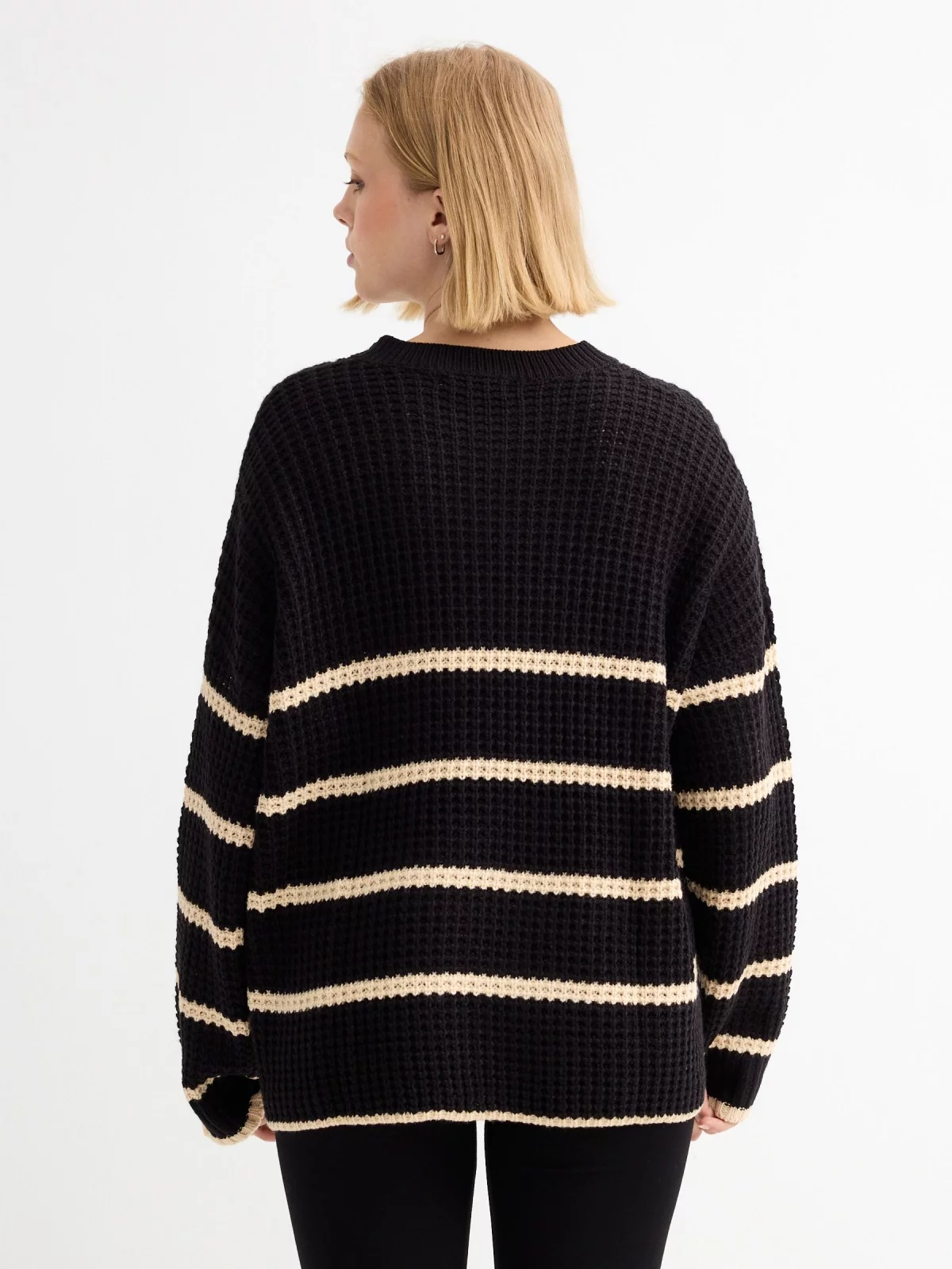 Oversize knitted sweater black stripes black middle back view