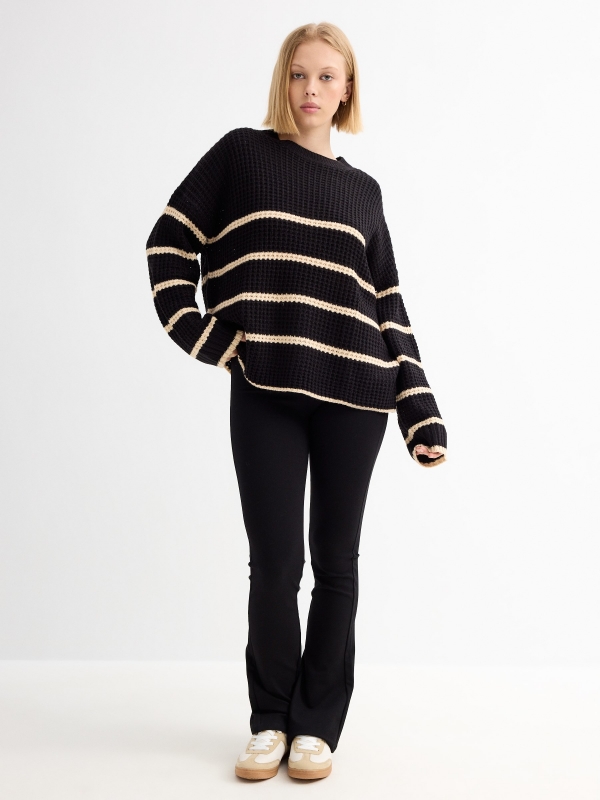 Oversize knitted sweater black stripes black general front view