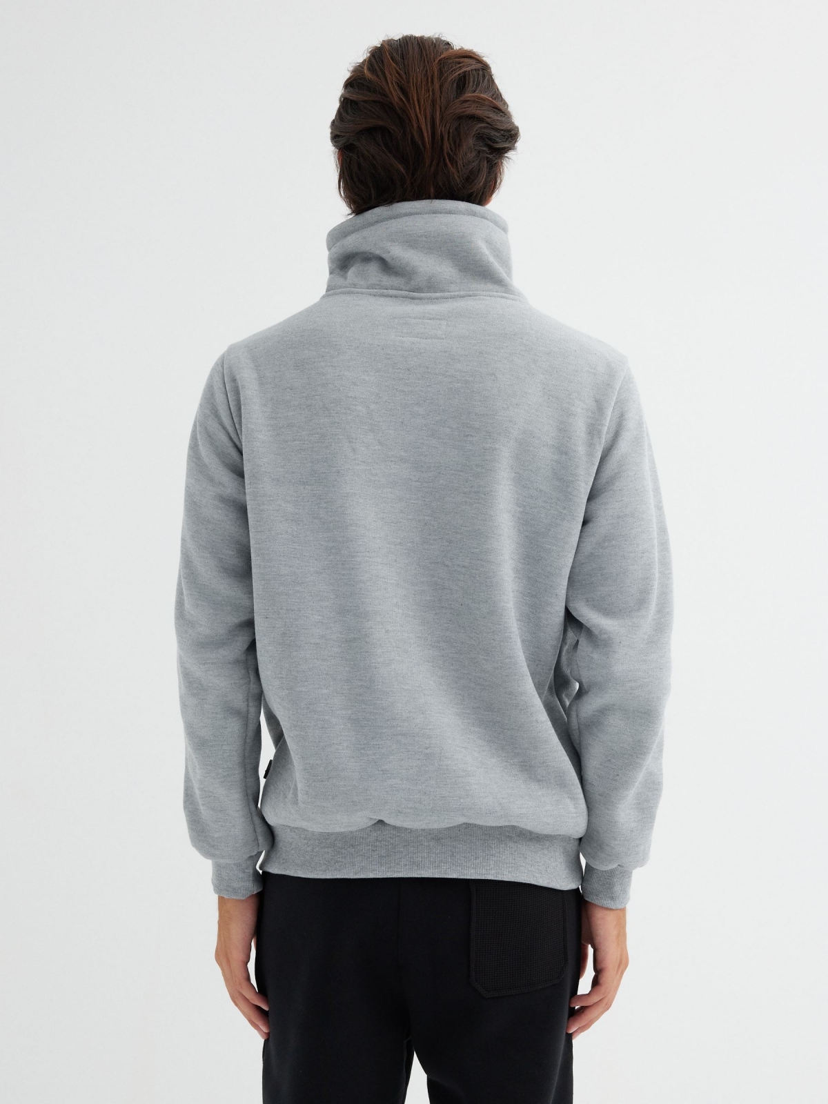 Long sleeve sweatshirt grey crossover collar medium melange middle back view