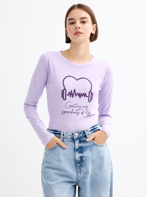 T-shirt gráfica preta de manga comprida buganvília vista meia frontal