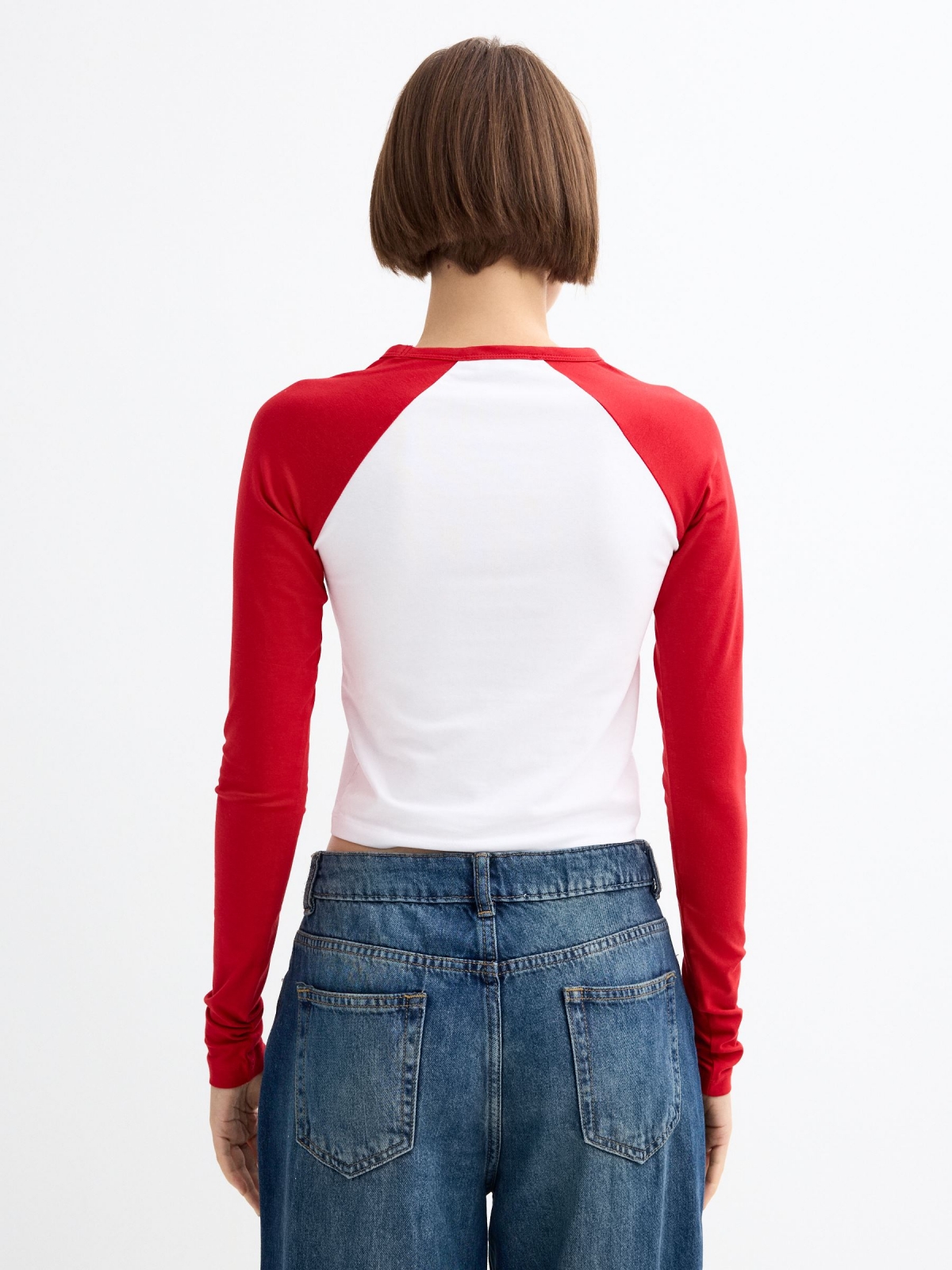 Long sleeve raglan crop top with graphics carmine middle back view