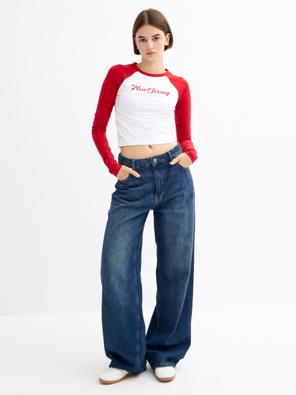 Long sleeve raglan crop top with graphics carmine general front view