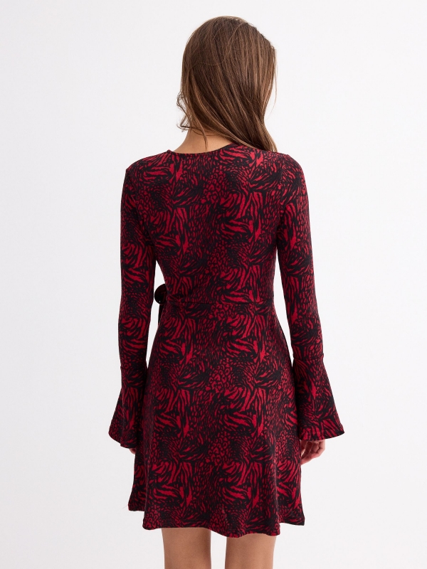 Animal print mini dress with bell sleeves red three-quarter back view