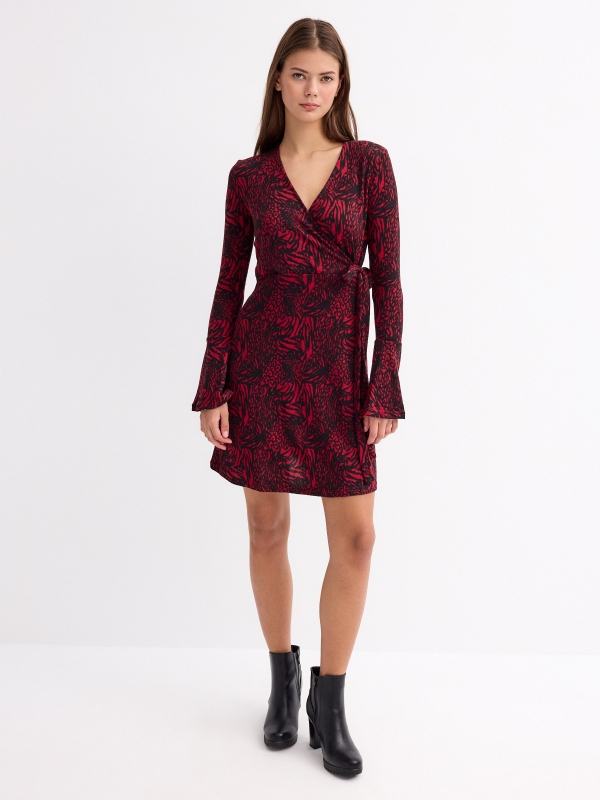 Animal print mini dress with bell sleeves red general front view