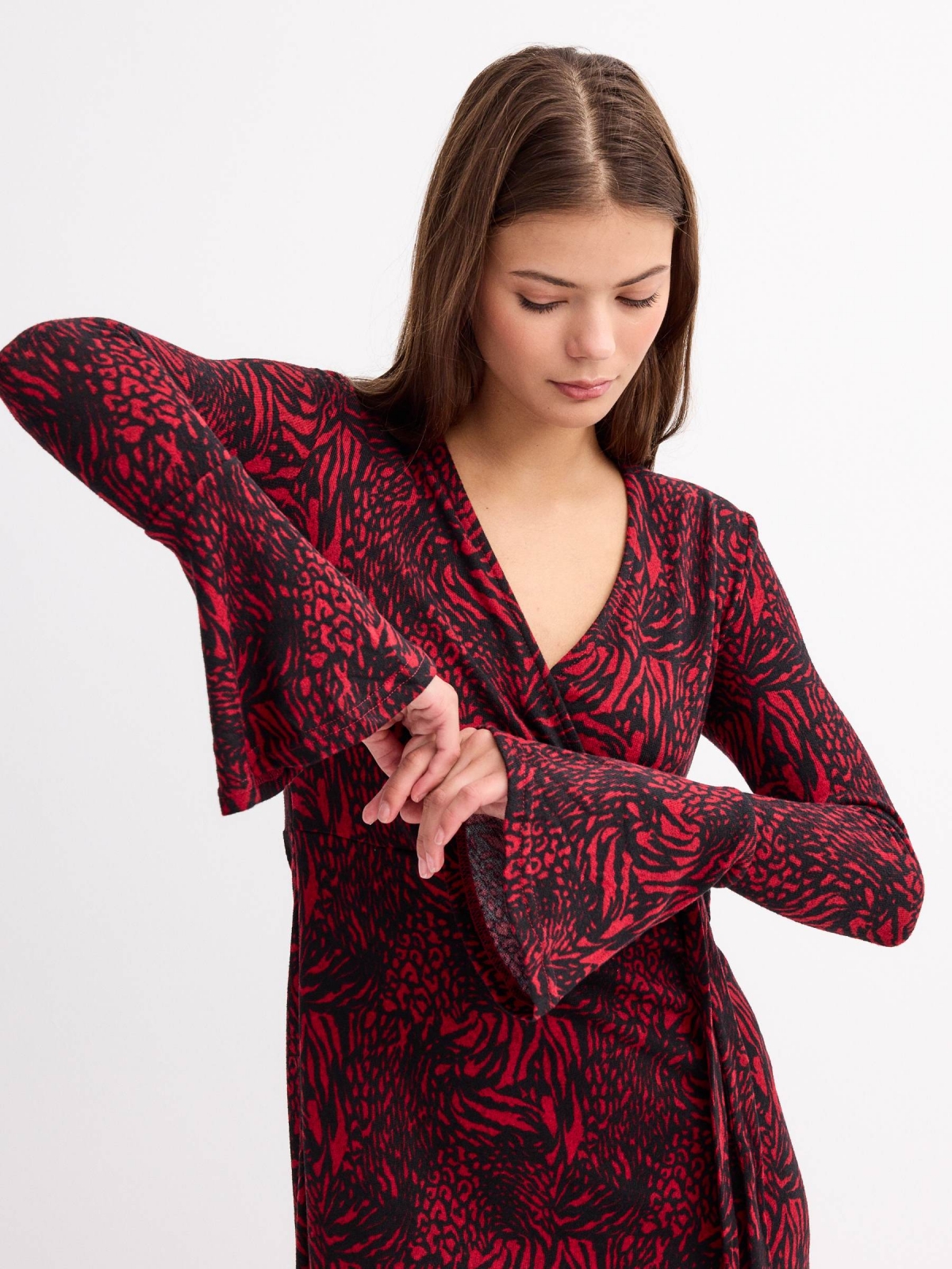 %New% Animal print mini dress with bell sleeves red