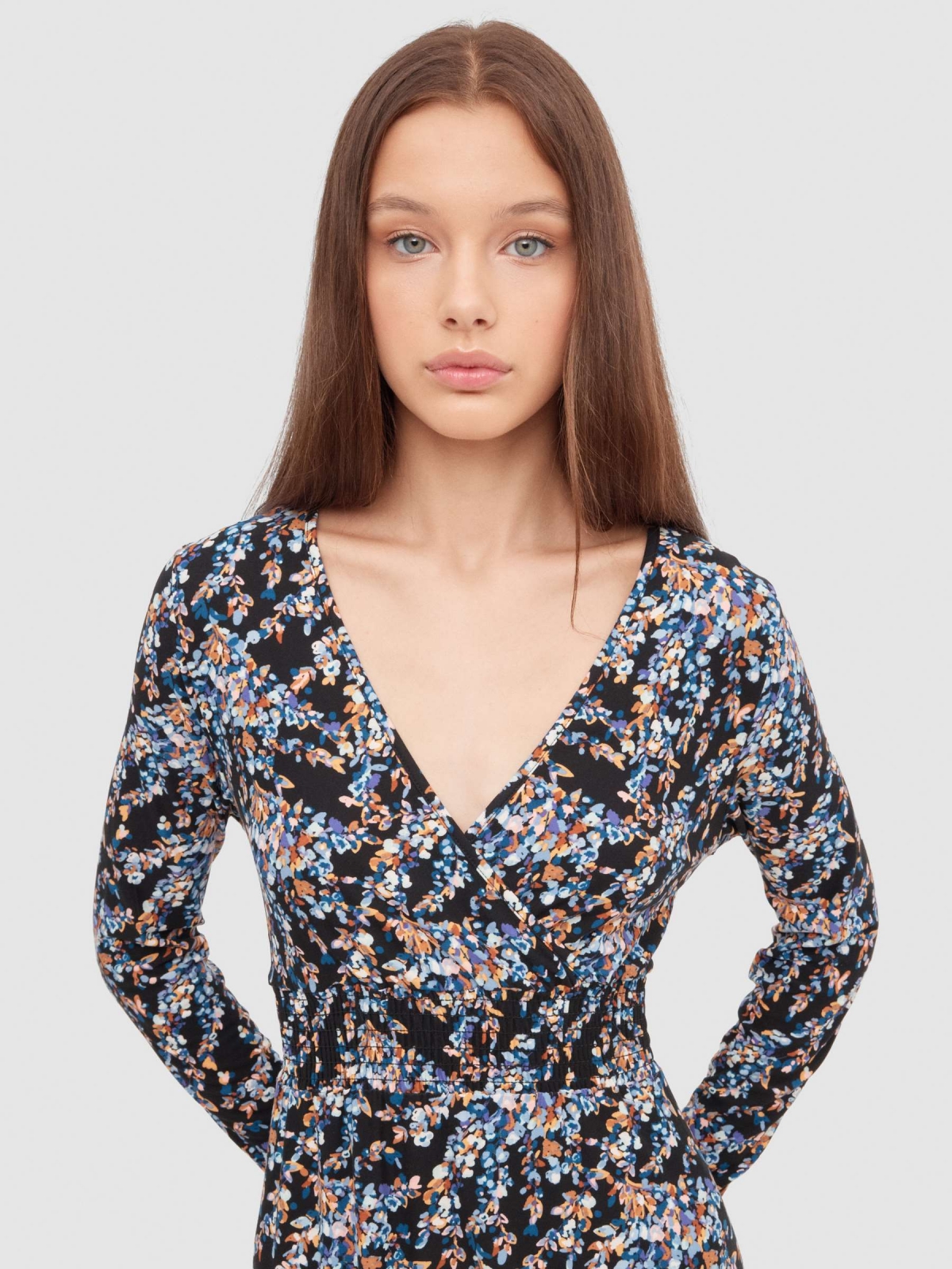 Flower print midi crossover dress multicolor front detail view